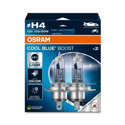 Image de OSRAM COOL BLUE® BOOST, H4, lampes de phares halogènes, jusqu&#039;à 5500K, coffre pliable suspendu (2 lampes), utilisation tout terrain uniquement