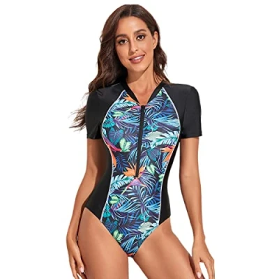 Image de BEACHKINI Maillot De Bain Zippé à Manches Longues pour Femmes Une Pièce Décontracté,56 Noir Bleu,2XL
