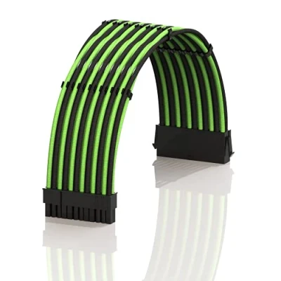 Image de LINKUP AVA 30cm 24 Broches ATX (20+4) pour Carte mère Câble d&#039;extension d&#039;alimentation PSU tressé et gainé avec Peignes Conception Robuste Rigide Pack Individuel 300mm Vert Noir
