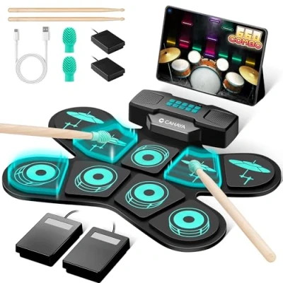 Image de CAHAYA Set de coussinets batterie électroniques : 9 portables pratique électrique enroulables avec haut parleur intégré, baguettes, pédales pied, couleur bleue