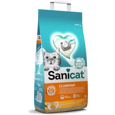 Image de Sanicat Litière agglomérante parfum vanille et mandarine Composée de minéraux naturels avec contrôle des odeurs garanti Retient l’humidité facilite le nettoyage Format 8L