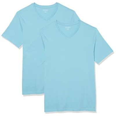 Image de Amazon Essentials T shirt slim à manches courtes et col en V Homme, Lot de 2, Bleu des Mers du Sud, XXL