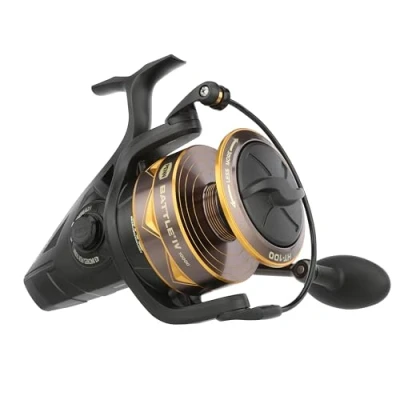 Image de PENN Moulinet Battle® IV, pêche en Eau salée, appâts et leurres pour Poissons Bobine Aluminium, Robuste ambidextre, Taille de 10000, Vitesse 4.2:1, Noir, Or fumé