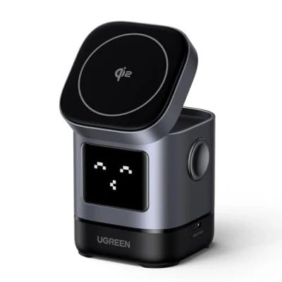Image de UGREEN Uno Qi2 Chargeur Induction iPhone 2 en 1 Certifié 15W Statut Émoji Compatible avec MagSafe 16 Plus Pro Max 15 14 13 12 Mini AirPods 4 3 sans Fil Magnétique Pliable