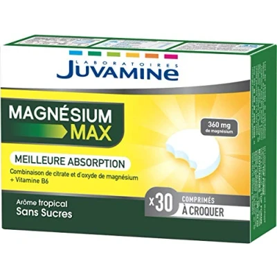 Image de JUVAMINE Magnésium MAX Vitamine B6 Fatigue Contribue au Fonctionnement Normal du Système Nerveux et à une Fonction Musculaire Normale Arôme Tropical Sans Sucres 30 Comprimés Croquer