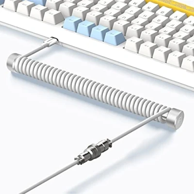 Image de MAMBASNAKE Câble de Clavier Spiralé Custom et Enrouleur d&#039;aviateur Métal Set à Tige Fixe + TPU Coiled USB C avec Connecteur D&#039;aviation pour Jeu Blanc