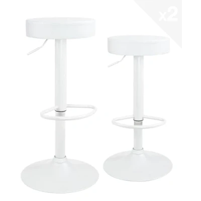 Image de KAYELLES Lot 2 Tabourets Bar Blanc siège Rond Simili Cuir, sans Dossier, Hauteur réglable, Repose Pieds, pivotants 360 Pied YO (Blanc intégral)
