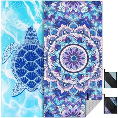 Image de KUOGAS Serviette de Plage XXL 2er Ensemble 90 * 180cm, Grande en Microfibre à SéChage Rapide, Bain sans Sable, Couverture pour Femmes. (Tortue + Mandala)