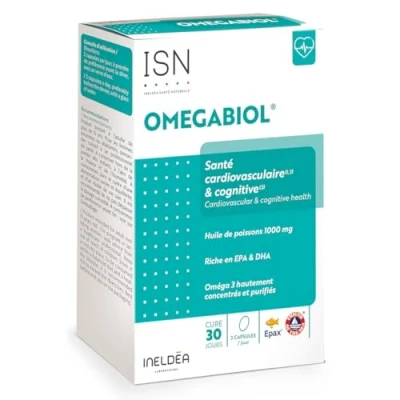 Image de ISN Omegabiol® Complément alimentaire à base d&#039;acide gras Oméga 3 Riche en EPA + DHA Maintien de l&#039;équilibre cardiovasculaire Sans Gluten Marque Française Cure 30 jours