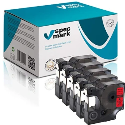 Image de specmark Lot de 5 rubans encreurs compatibles avec DYMO D1 45017 S0720520 12 mm x 7 m Noir sur rouge Compatible LM Label Manager LP Point LW Writer DUO