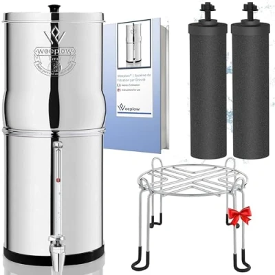 Image de Weeplow® Venus Système de Filtration d&#039;Eau par Gravité 5,6 Litres AISI 304 avec 2 Eléments Purification O&#039;Pure 2, Robinet Niveau et Support Inox Offert