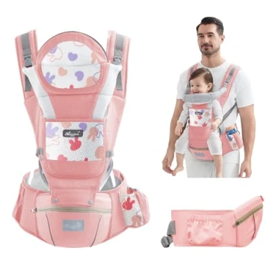 Image de IULONEE Porte Bébé Naissance Confortable Bebe Avec Siège à Hanche De Multifonction Pour Bébés Et Tout Petits Echarpe Portage Les 3 36 Mois (Rose)