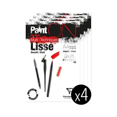Image de Clairefontaine 975729C Bloc Collé PaintON Multi techniques 25 Feuilles Papier Dessin à la Surface Lisse Blanc A4 21x29,7 cm 250g Paquet de 4 Blocs