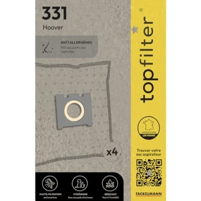 Image de TopFilter 64331 Lot de 4 sacs aspirateur Hoover, sac aspirateur, poche accessoire Non tissé polypropylène, Carton, Caoutchouc, 30 x 26 cm