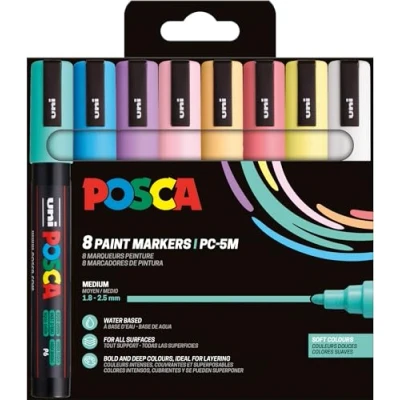 Image de Uni Ball 182552 Set de marqueurs POSCA, 8 stylos acryliques PC 5M, permanents 1,8 2,5 mm pointe ogive