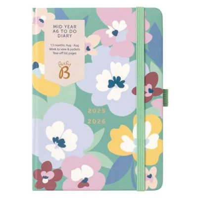 Image de Busy B A6 Diary Mid Year Academic Planner Aug &#039;25 &#039;26 Floral Print Journal Week To View with Do Lists, Notes Pages, 3 Pockets, Pen Loop, &amp; Elastic Closure