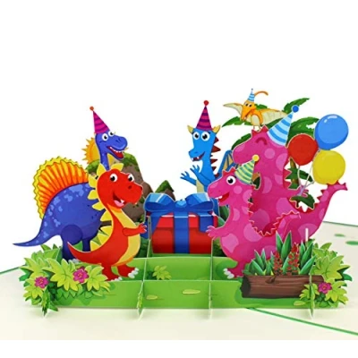 Image de MOKIO® carte d&#039;anniversaire Pop Up Joyeux anniversaire dinosaures avec cadeau et ballons 3D pour anniversaire, de vœux fait main enveloppe