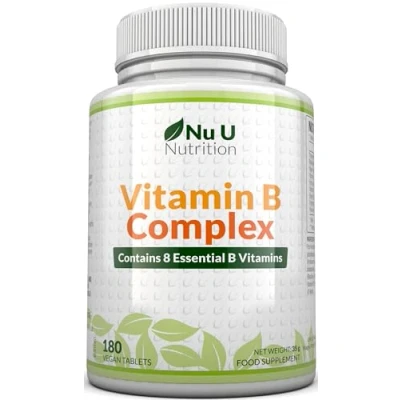 Image de Vitamine B Complex 180 Comprimés Végétaliens pour 6 Mois 8 Vitamines par Comprimé B1, B2, B3, B5, B6, B12, Biotine, Acide folique Nu U Nutrition