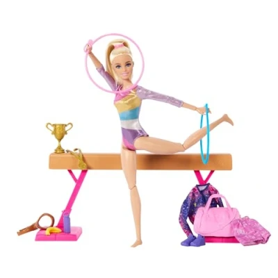 Image de Barbie Coffret Gymnastique avec 1 Poupée Blonde, Pince en C, Poutre D’Équilibre, Combinaison D’Échauffement, Plus De 10 Accessoires, Jouet Enfant, A Partir 3 Ans, HRG52