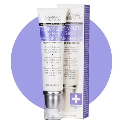 Image de Advanced Clinicals 5 in 1 Multi Correction Anti Aging Eye Serum with Retinol, Collagen, Vitamin C, and Manuka Honey. For dark circles, wrinkles, crow&#039;s feet, fine lines. Large 2oz airless tube.