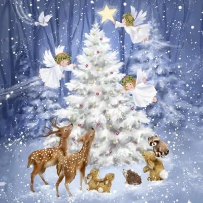 Image de Lot de 20 serviettes table Motif arbre magique avec anges et animaux Idéal comme décoration pour l&#039;hiver Noël Convient également le découpage la technique des 33 x