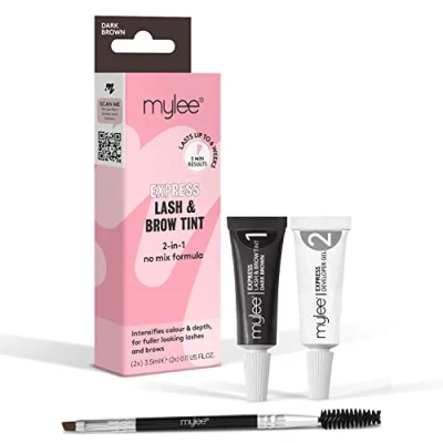 Image de Kit Cils et Sourcils Express de Mylee Formule 2 en 1 Sans Mélange, Teinture + Gel Révélateur Brosse Double Face, Professionnelle, Longue Durée, Semi permanente (Marron Foncé)