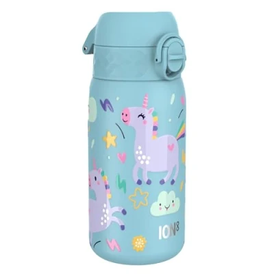 Image de ION8 Gourde Enfant Inox 400ml, Anti Fuite, Facile à Ouvrir, Verrouillage Sécurisé, Lavable au Lave Vaisselle, Poignée de Transport, Nettoyer, Durable, Acier Inoxydable, Licornes Bleu