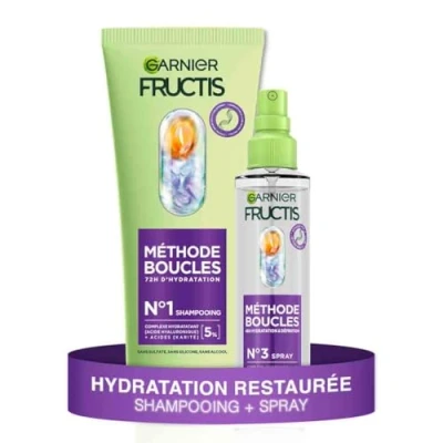 Image de GARNIER FRUCTIS Méthode Boucles Duo Shampooing et Spray Hydratant à l&#039;Acide Hyaluronique Beurre de Karité sans silicone, sulfate 200ml, 150ml