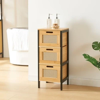 Image de [en.casa] Commode avec 3 Tiroirs Meuble de Rangement Design Intemporel pour Salle Bain Salon Chambre Entrée Bureau MDF Bambou 72 x 30 cm Noir Naturel Effet Rotin