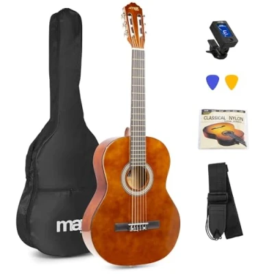 Image de Max SoloArt Guitare Classique Adulte Débutant Bois Naturel Foncé, Cordes en Nylon, Tuner Digital, Sac de Transport, Médiators, Jeu et une Sangle, Idéal pour Musiciens Débutants