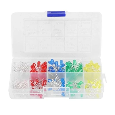Image de Walfront Coffret de 200pcs 3mm 5mm LED Diodes Électroluminescentes Assortiment 5 Couleurs Rouge Jaune Blanc Vert Bleu