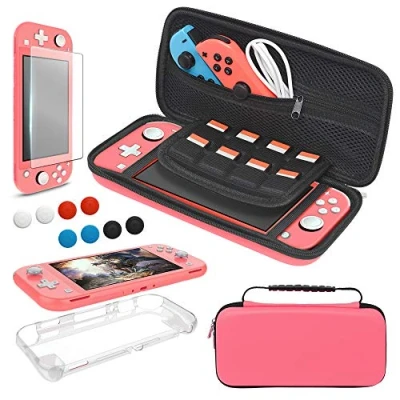 Image de YUANHOT Étui Kit Accessoires Compatible avec Nintendo Switch Lite, 4 in 1 Coque et Housse Transport Protection Écran en Verre Trempé, Poudre de Corail