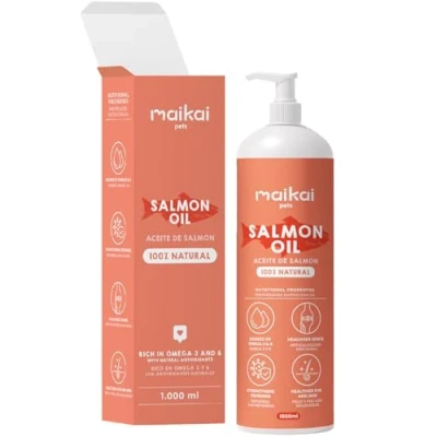 Image de MAIKAI Huile de Saumon Chien et Chat 1L 100% Naturel Riche en Omega 3 Supplément Barf Perte Poil, Anti inflammatoire Poisson Complement Alimentaire pour