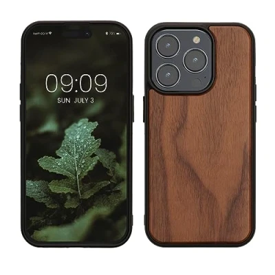 Image de kwmobile Housse Compatible avec iPhone 15 Pro Coque Étui de Protection Rigide en Bois Cadre TPU Brun foncé