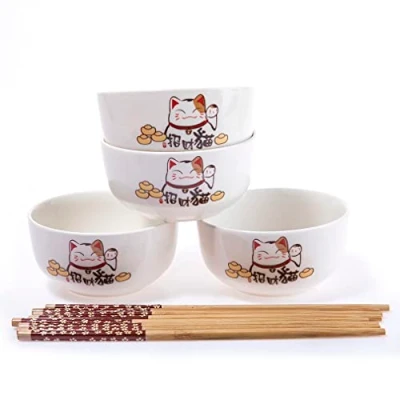Image de lachineuse Coffret 4 Bols Chat Japonais à Riz, Petit Déjeuner &amp; Soupe Avec Baguettes Vaisselle Maneki Neko Porte Bonheur Cadeau Original Mignon Déco Kawaii Japon Blanc