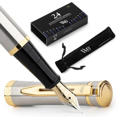 Image de Wordsworth &amp; Black Ensemble de stylo plume, pointe extra fine dorée 18 carats, comprend 24 cartouches d&#039;encre, convertisseur recharge d&#039;encre et pochette cadeau, finition dorée, calligraphie, [or