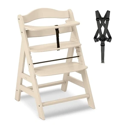 Image de hauck Chaise Haute Bébé Alpha Plus en Bois de Hêtre Certifié FSC® Èvolutive dès 6 Mois, Réglable, Harnais 5 Points, Barre Sécurité, Résistante Jusqu&#039;à 90 kg Vanilla