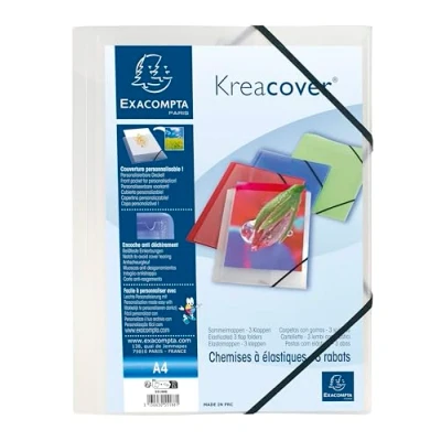 Image de Exacompta Réf. 55188E Paquet de 5 chemises à élastiques Kreacover pochettes 3 rabats en polypropylène translucide dimensions 24 x 32 cm pour documents au format A4 couleur incolore
