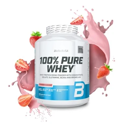 Image de BioTechUSA 100% Pure Whey Poudre de protéines avec BCAA et Glutamine sans gluten, huile palme 21g par portion, 2.27 kg, Fraise