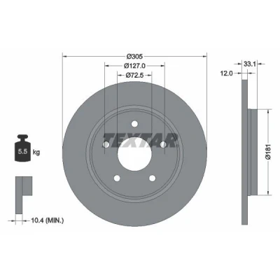 Image de TEXTAR PRO+ 92181005 Disque de frein 305 12 05/05 127 plein revêtu à haute teneur en carbone sans boulon fix roue, moyeu roue