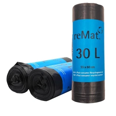 Image de reMat sacs poubelle 30l en 100% matériau recyclé postconsommateurs (PCR), 20 par rouleau, résistant à la déchirure, sans odeur, idéal pour les déchets résiduels