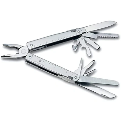 Image de Victorinox Swiss Tool Couteau de Poche Suisse, Multifonction, 26 Fonctions, Tire Bouchon, Lame Fixe, Etui, Argent