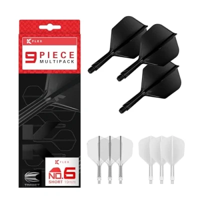 Image de Target Darts K Flex Integrated Dart Flights and Shafts, Tige Court (19mm), No.6 Flight, 9 Pack Bundle, Noir, Blanc et Transparent Kflex 2 in 1 Flight Stem, Professional Accessories