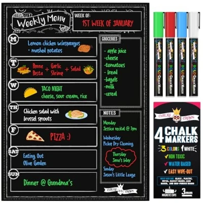 Image de Chalky Crown Planning Frigo Magnétique Tableau Menu Effaçable à Sec avec 4 Marqueurs Liquides Planificateur Hebdomadaire, Liste de Courses, Bloc Notes pour Réfrigérateu
