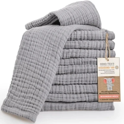 Image de LAYNENBURG Lot de 10 Linge Crachat Premium Bébé en Mousseline Extra Douce 100% Coton 30x50cm Oeko Tex 100 comme Langes Gaze ou Couches Tissu (Gris)