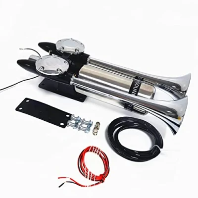 Image de YIYIDA Klaxon de voiture bateau d&#039;air 170DB navire Réservoir en acier inoxydable argenté Prolonger le son fort à double tube pour 12V 24V camion