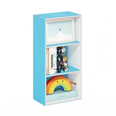Image de Furinno Luder Bibliothèque ouverte à 3 niveaux, Blanc/Bleu clair, Tier