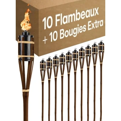 Image de 10 Torches de Jardin en Bambou avec Mèche Longue Durée Combustion à Huile pour l’extérieur Rechargeable