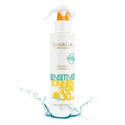 Image de Jean &amp; Len Sensitiv spray solaire 30 SPF résistant à l&#039;eau, pour peaux sensibles, sans silicones, nanoparticules, octocrylène, microplastiques, huile minérale, parfums colorants, vegan, 250 ml