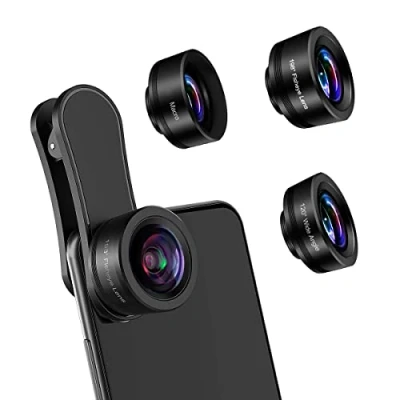 Image de AFAITH Objectif de Caméra pour Smartphone, 3 en 1 Kit d&#039;Agrafe Lentille Téléphone Portable, Macro 20X &amp; Fisheye 198 Grand Angle 120 iPhone Samsung Huawei